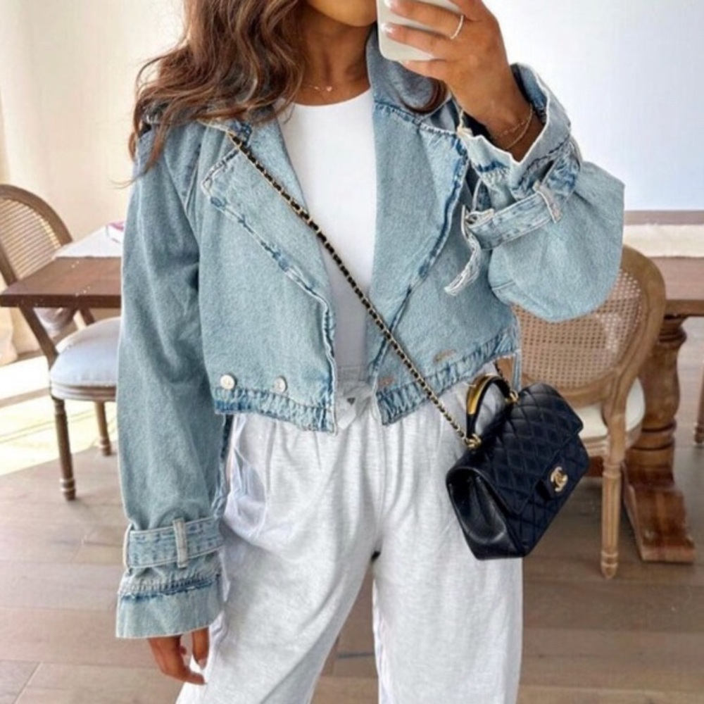 Zara TRF Denim Cropped Trench Coat Blue Jacket S - Picture 7 of 15